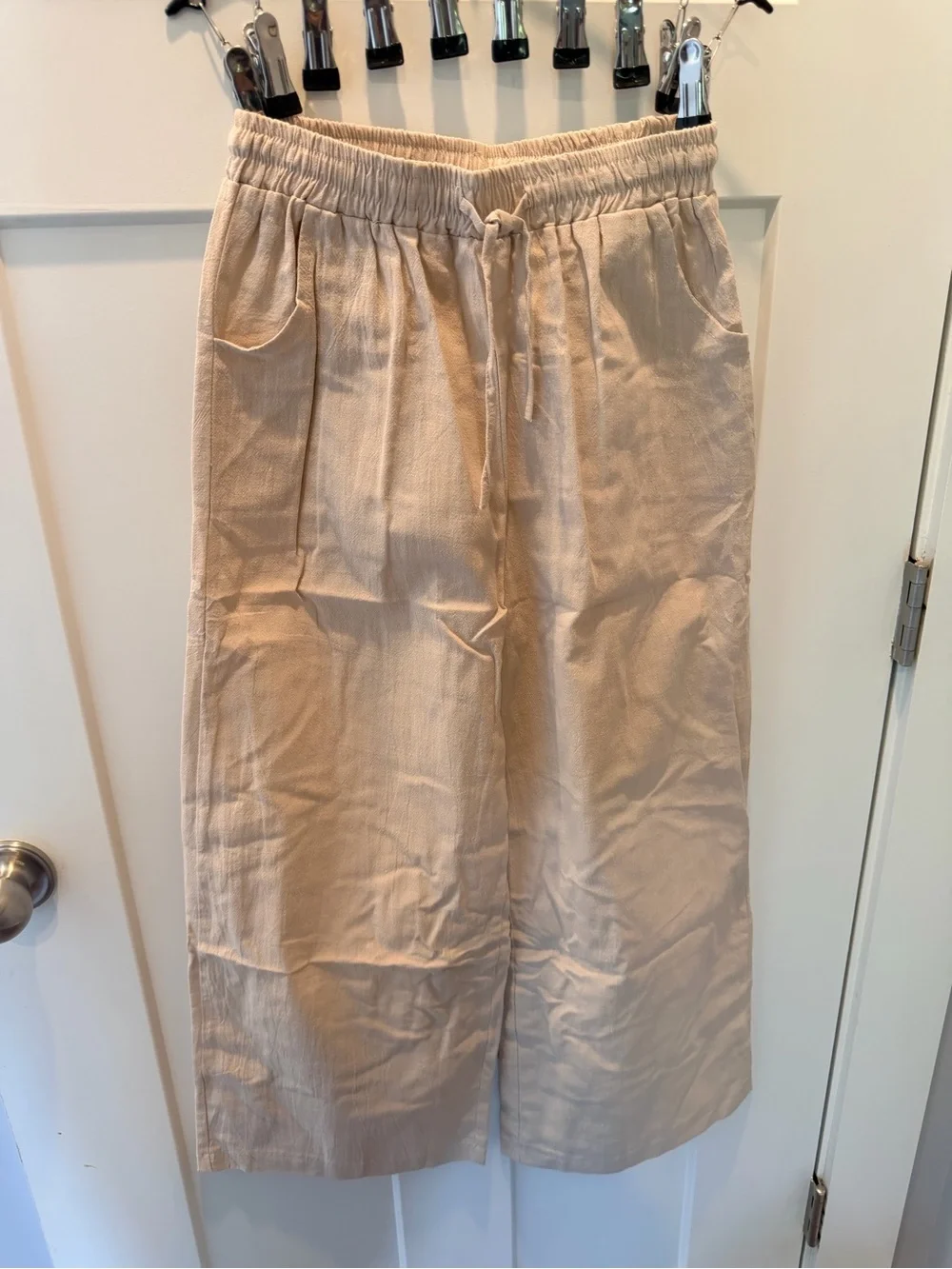 NWT Xiao Xiang XL Beige Linen Look Wide Leg Drawstring Pants Pockets